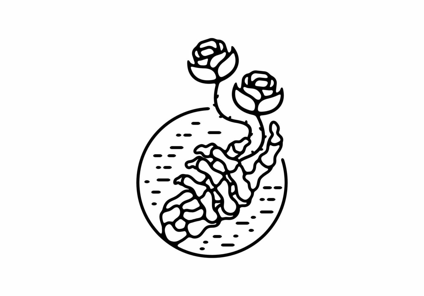 Black line art illustration of skeleton hand with rose vector