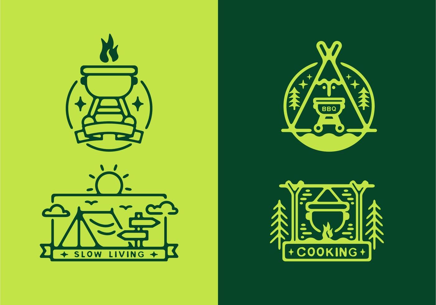 Bright and dark green color of camping line art set vector