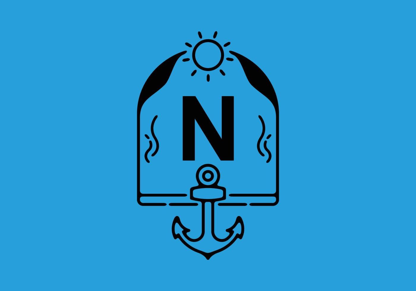 Black line art illustration of N initial letter in anchor frame vector