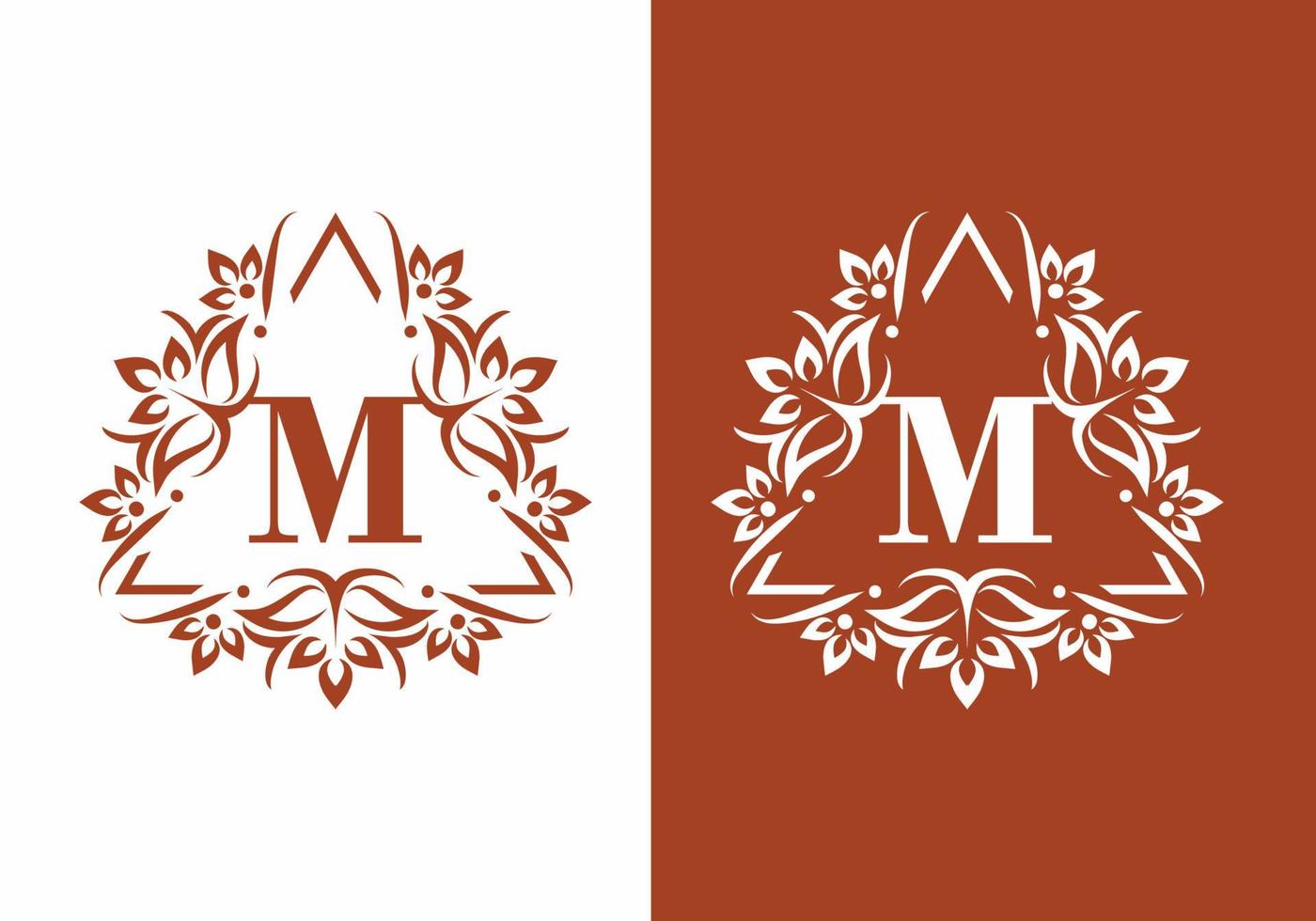 Brown white M initial letter in classic ornament frame vector