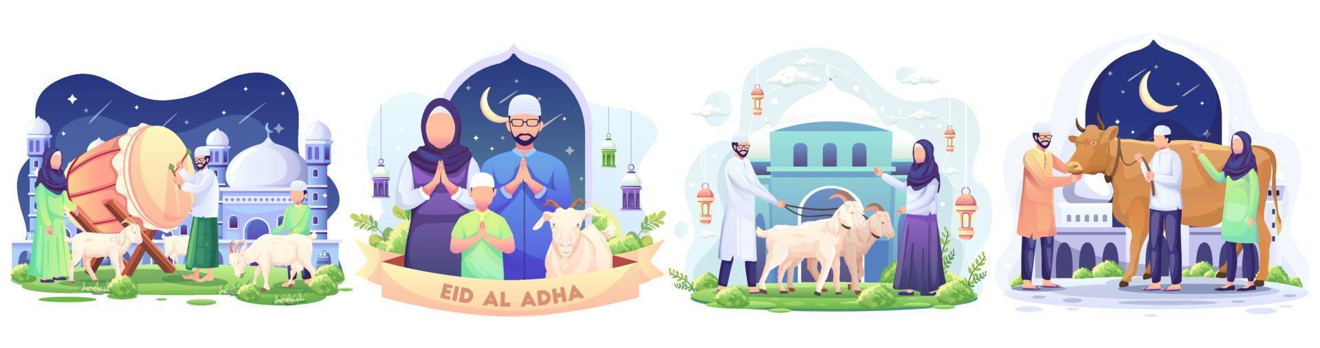 Set of Happy Muslim family celebrates Eid Al Adha Mubarak with a goat in a front mosque. Flat style vector illustration
