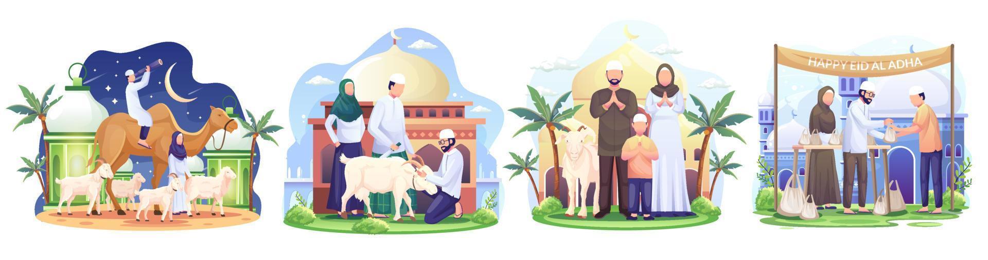 grupo de familia musulmana feliz celebra eid al adha mubarak con una cabra en una mezquita delantera. ilustración vectorial de estilo plano vector