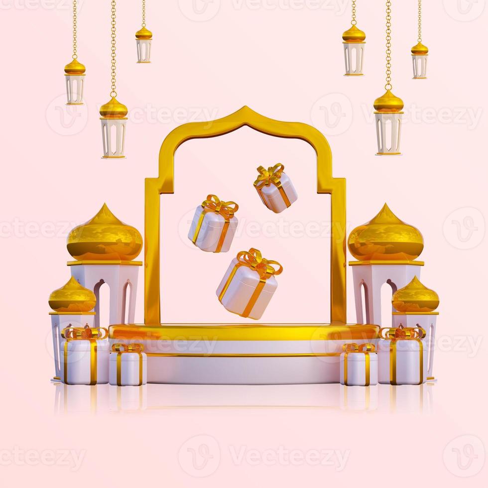 Luxury ramadan greeting background banner with 3d podium gift boxes and islamic decoration objects photo