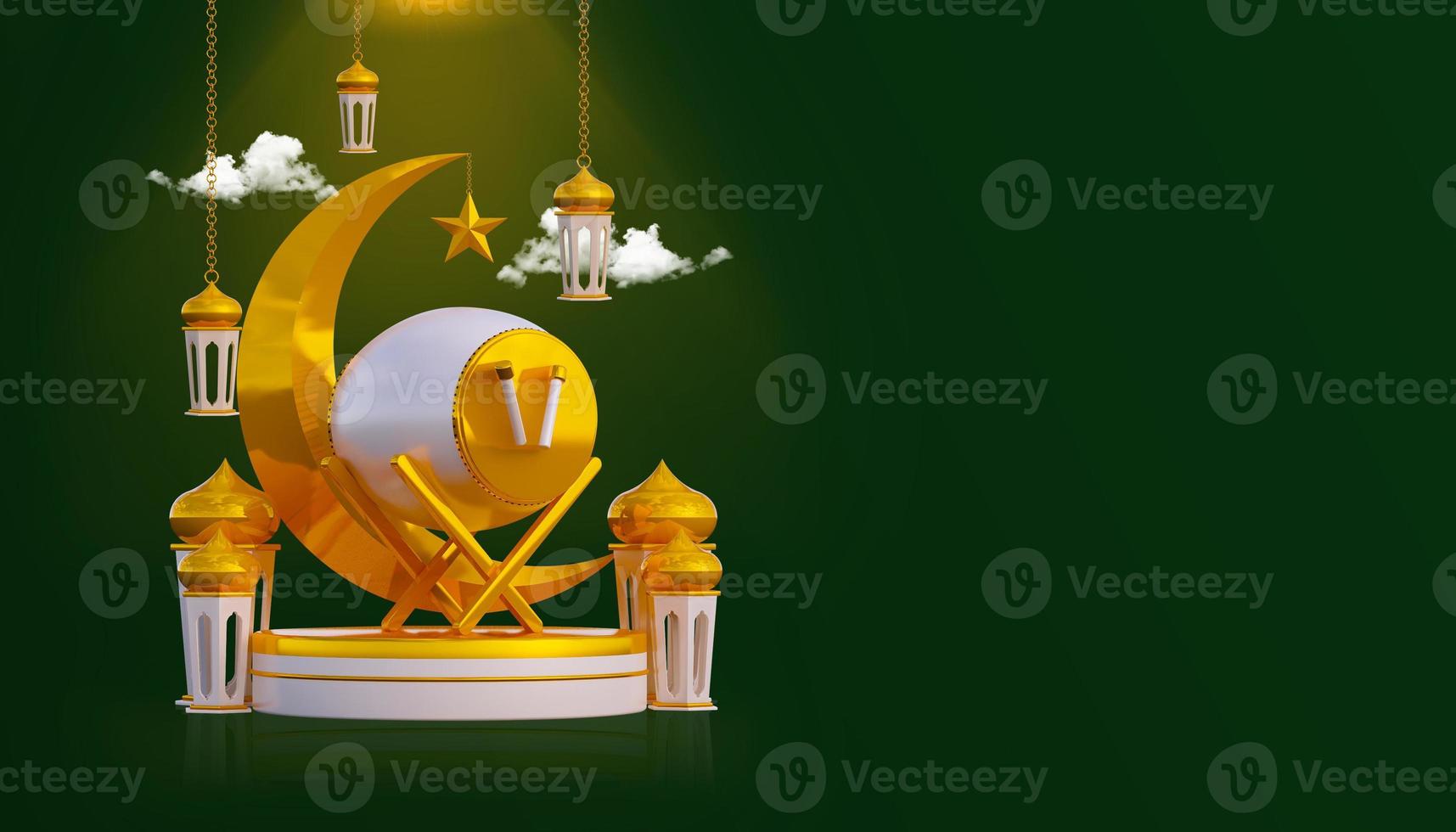 Luxury ramadan greeting background banner with 3d podium gift boxes and islamic decoration objects photo