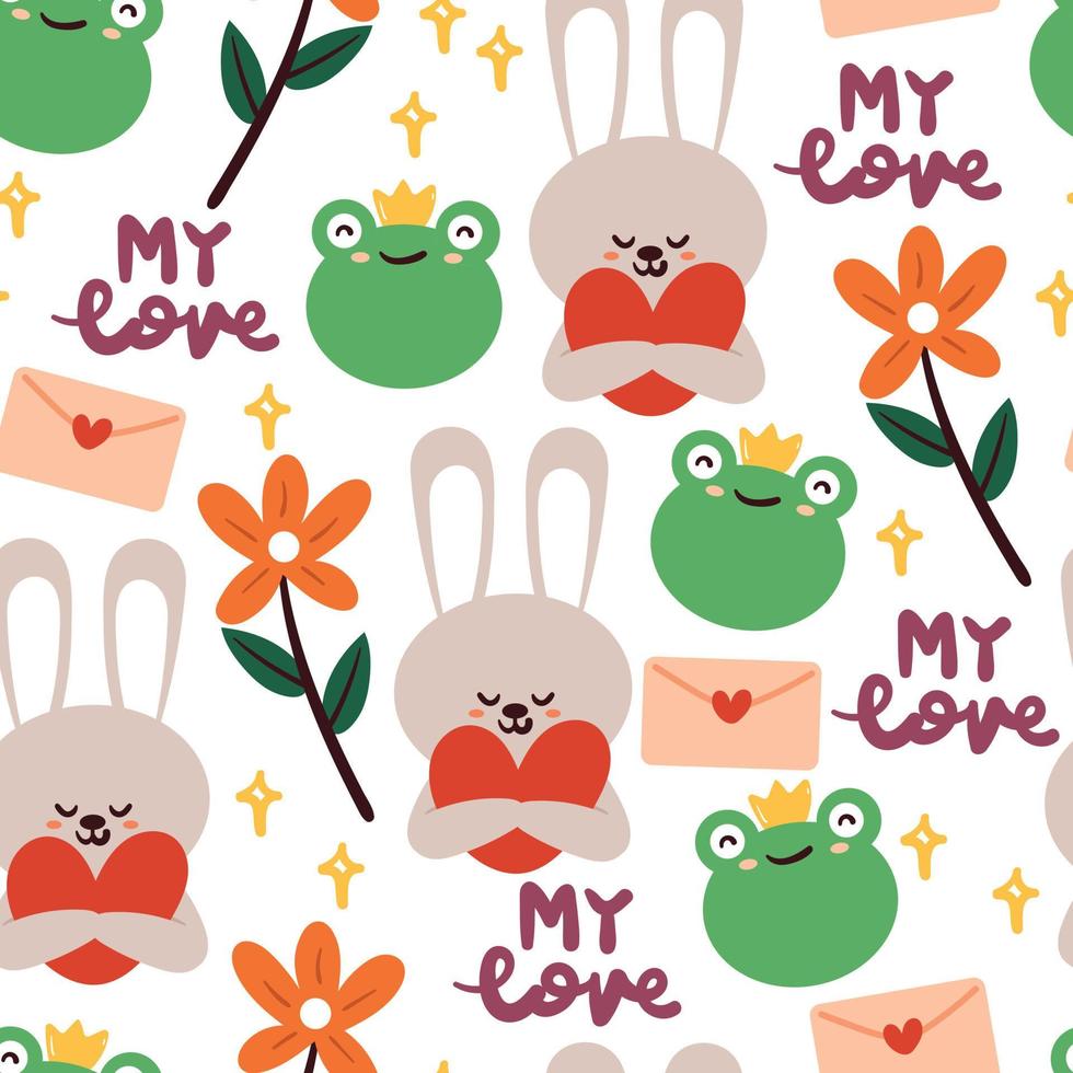 seamless pattern hand drawing bunny, frog, flower and letter for kids wallpaper, fabric print, textile, gift wrap paper vector