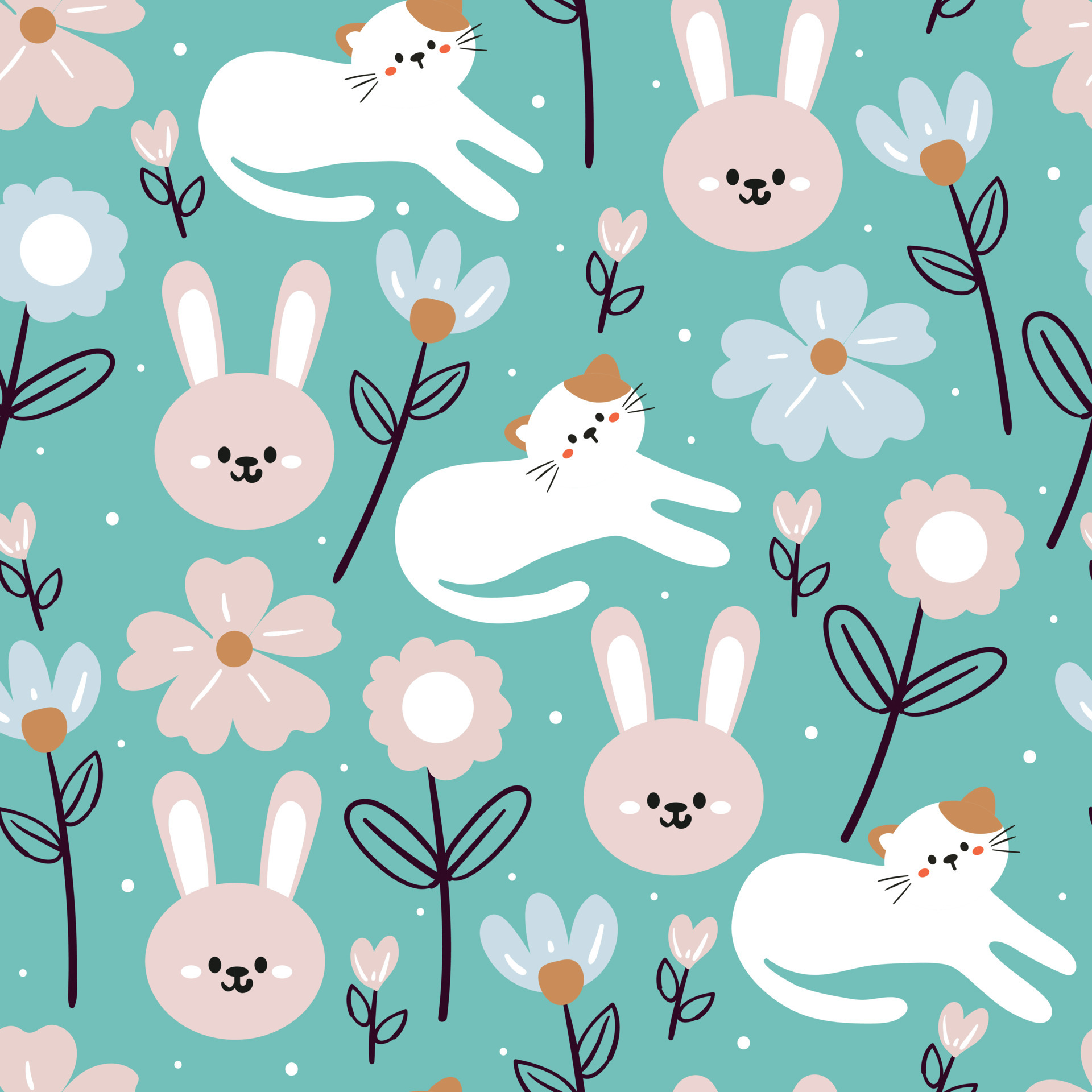 seamless pattern hand drawing cartoon cat, bunny and flower. for kids  wallpaper, textile, fabric print, gift wrapping paper 6523371 Vector Art at  Vecteezy