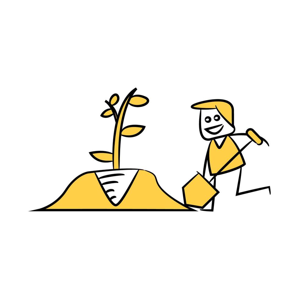 yellow stick figure man planting tree vector