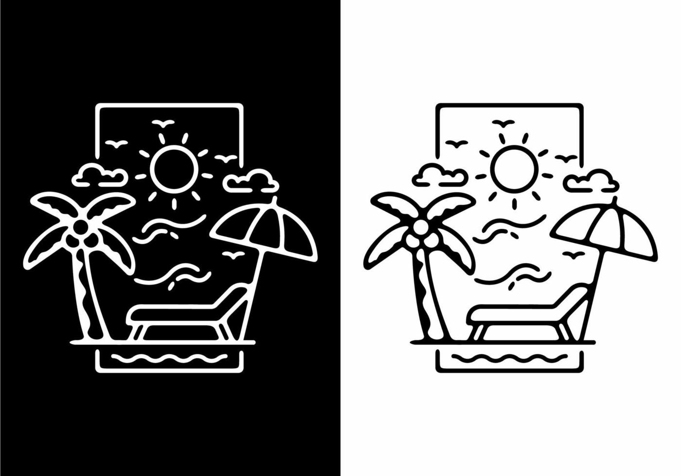Black and white line art illustration of beach in stand rectangle shape vector