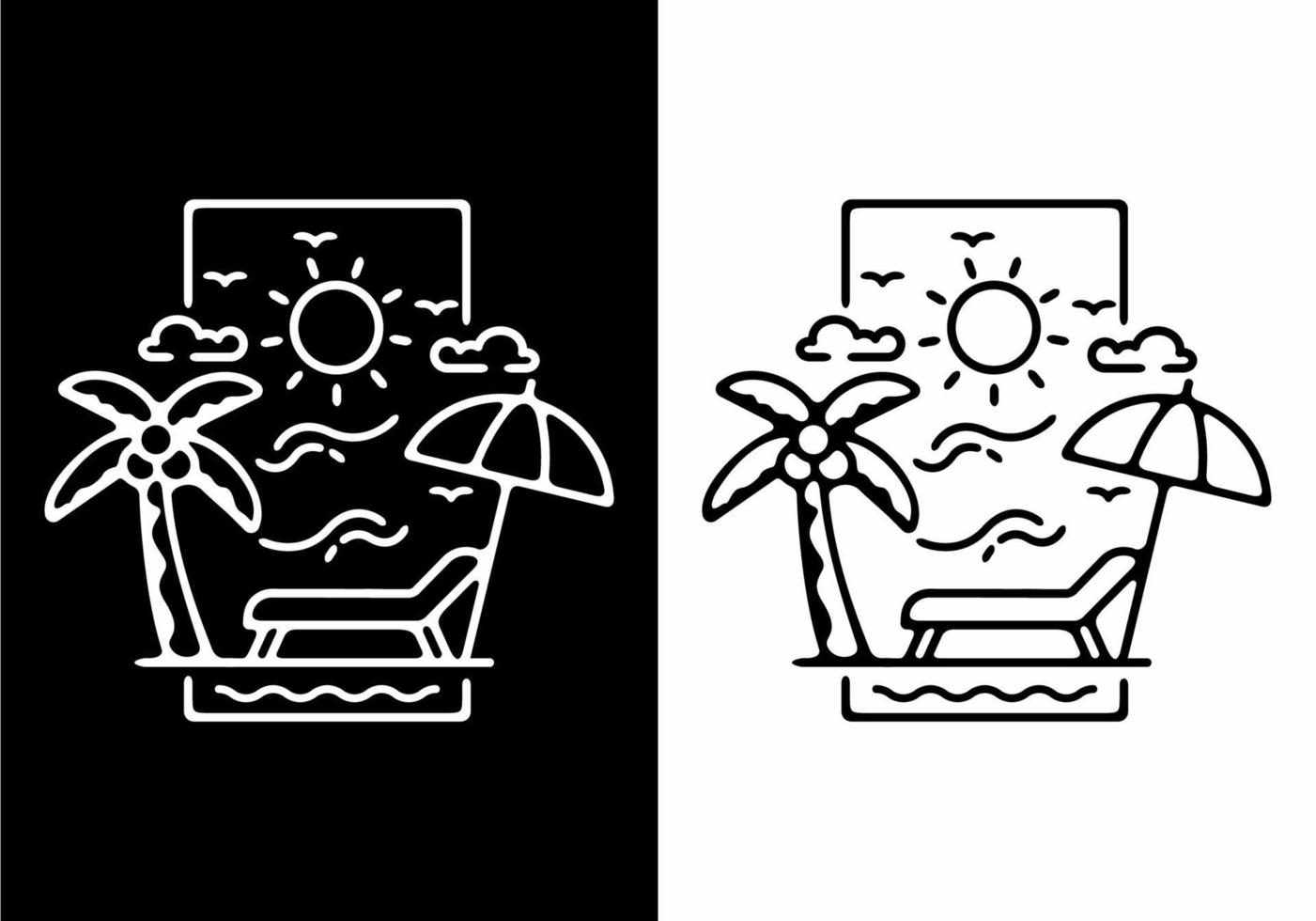 Black and white line art illustration of beach in stand rectangle shape vector