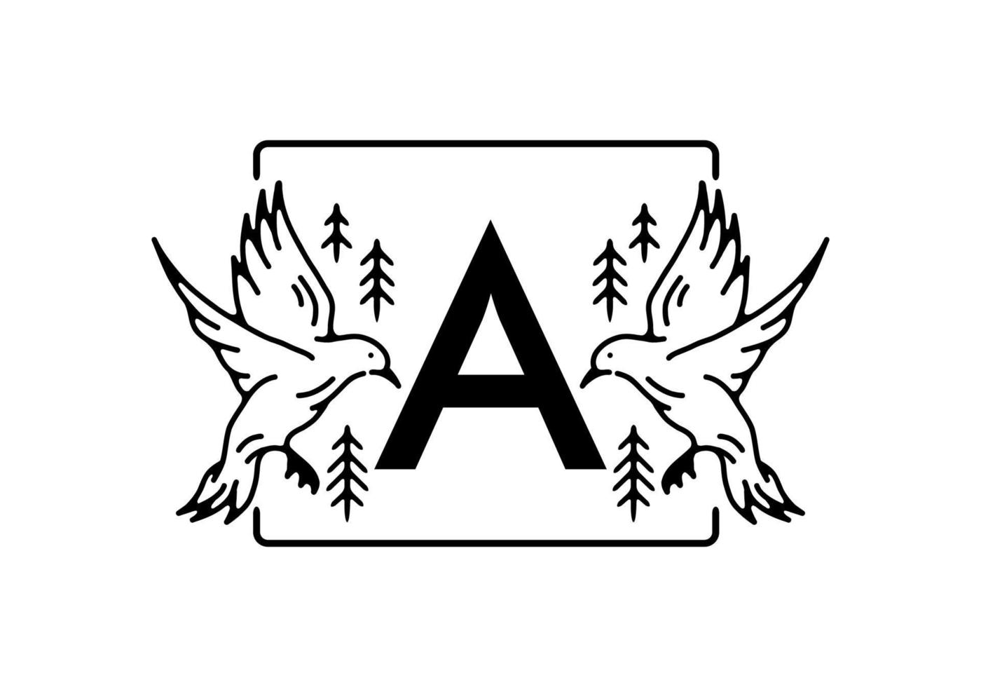 Black color of bird line art with A initial letter vector