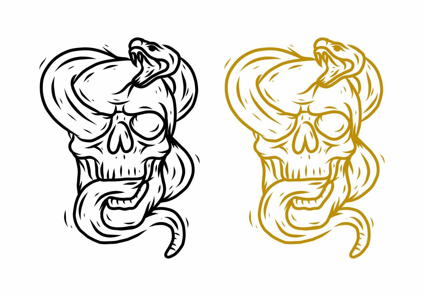 Black and yellow line art drawing of skull head and snake vector