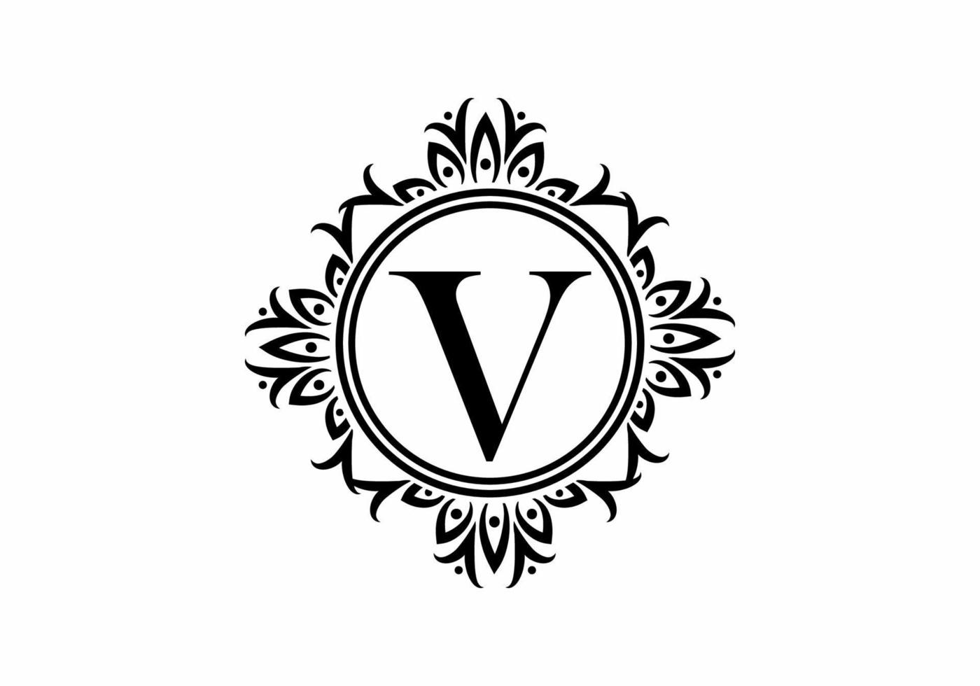 Black initial V letter in classic frame vector