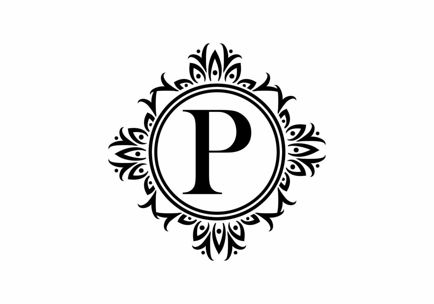 Black initial P letter in classic frame vector