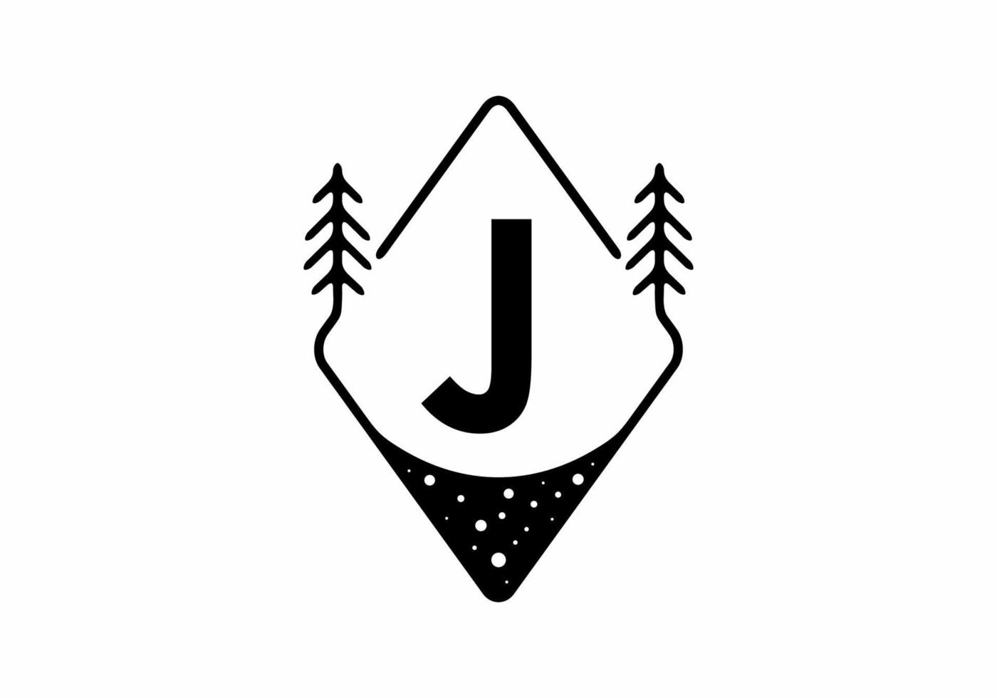 insignia de arte de línea negra con pinos y letra j vector