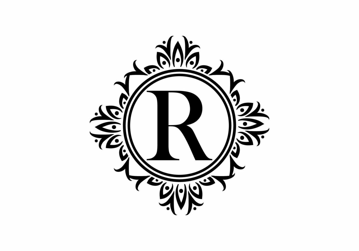 Black initial R letter in classic frame vector