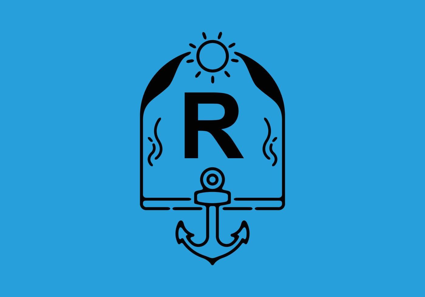 Black line art illustration of R initial letter in anchor frame vector