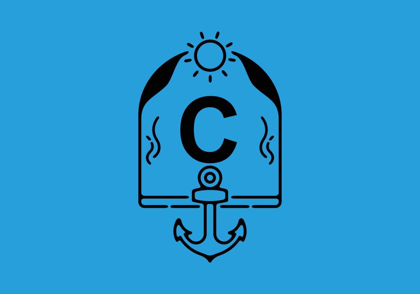 Black line art illustration of C initial letter in anchor frame vector