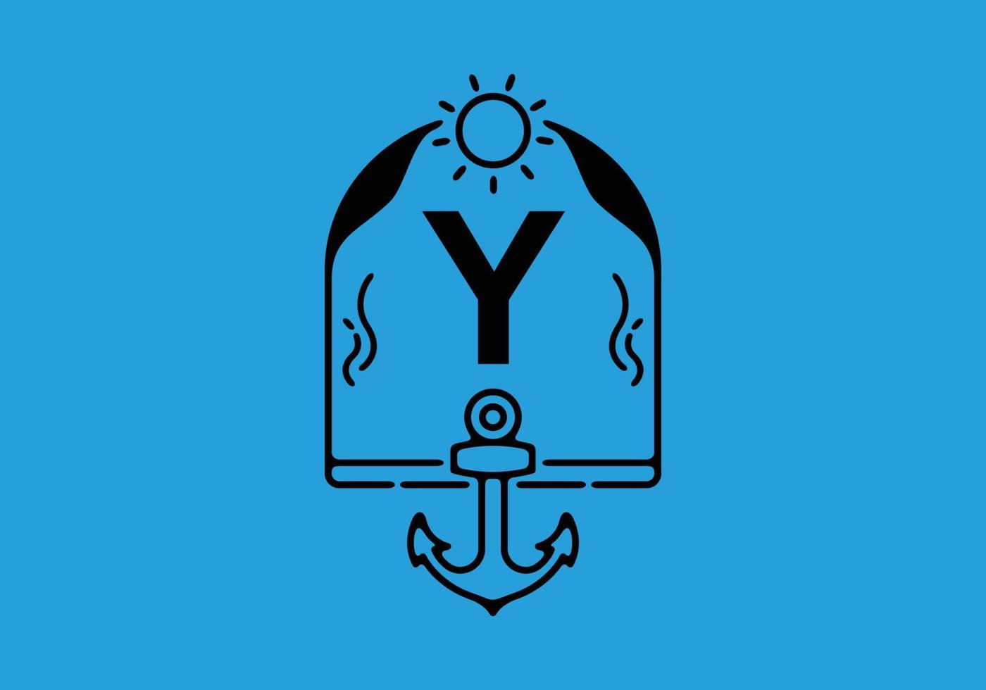 Black line art illustration of Y initial letter in anchor frame vector