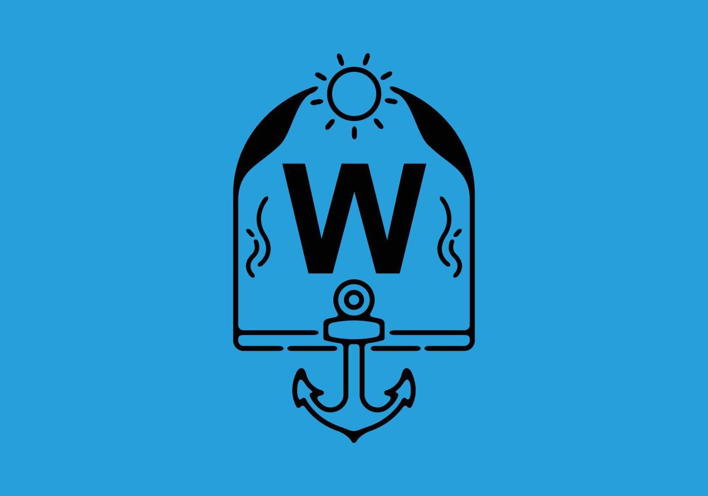 Black line art illustration of W initial letter in anchor frame vector