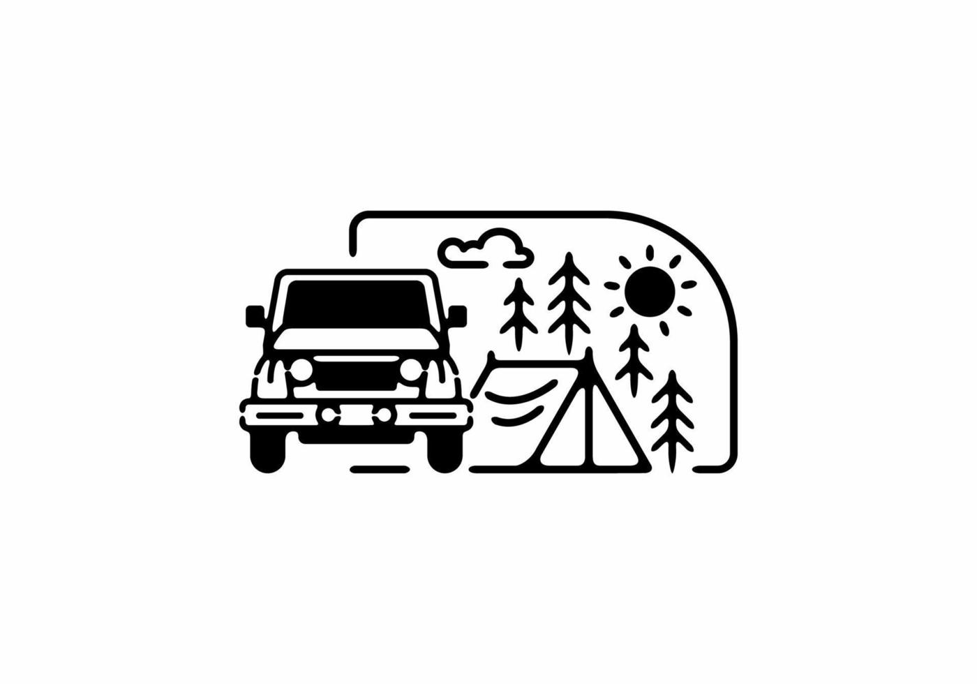 Black line art illustration of camping car vector