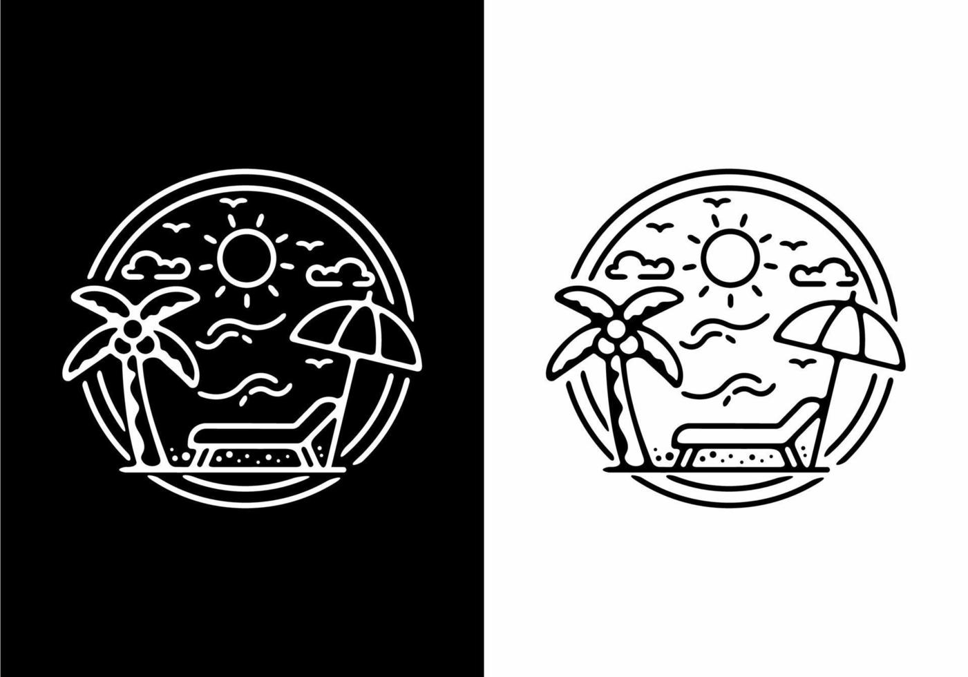 Black and white line art illustration of beach in circle shape vector