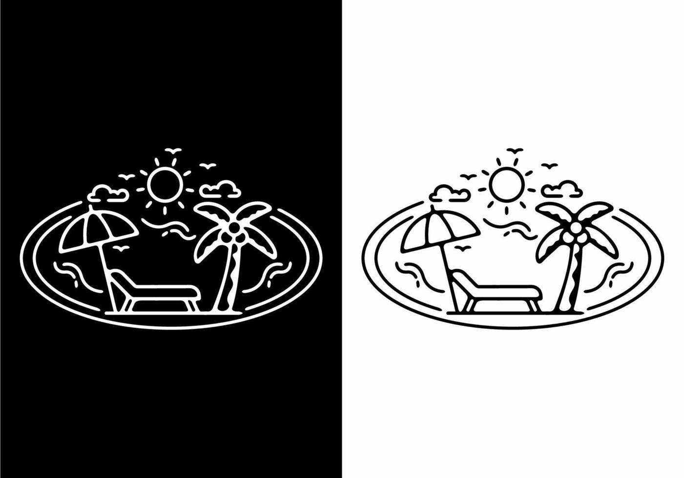 Black and white line art illustration of beach in oval shape vector
