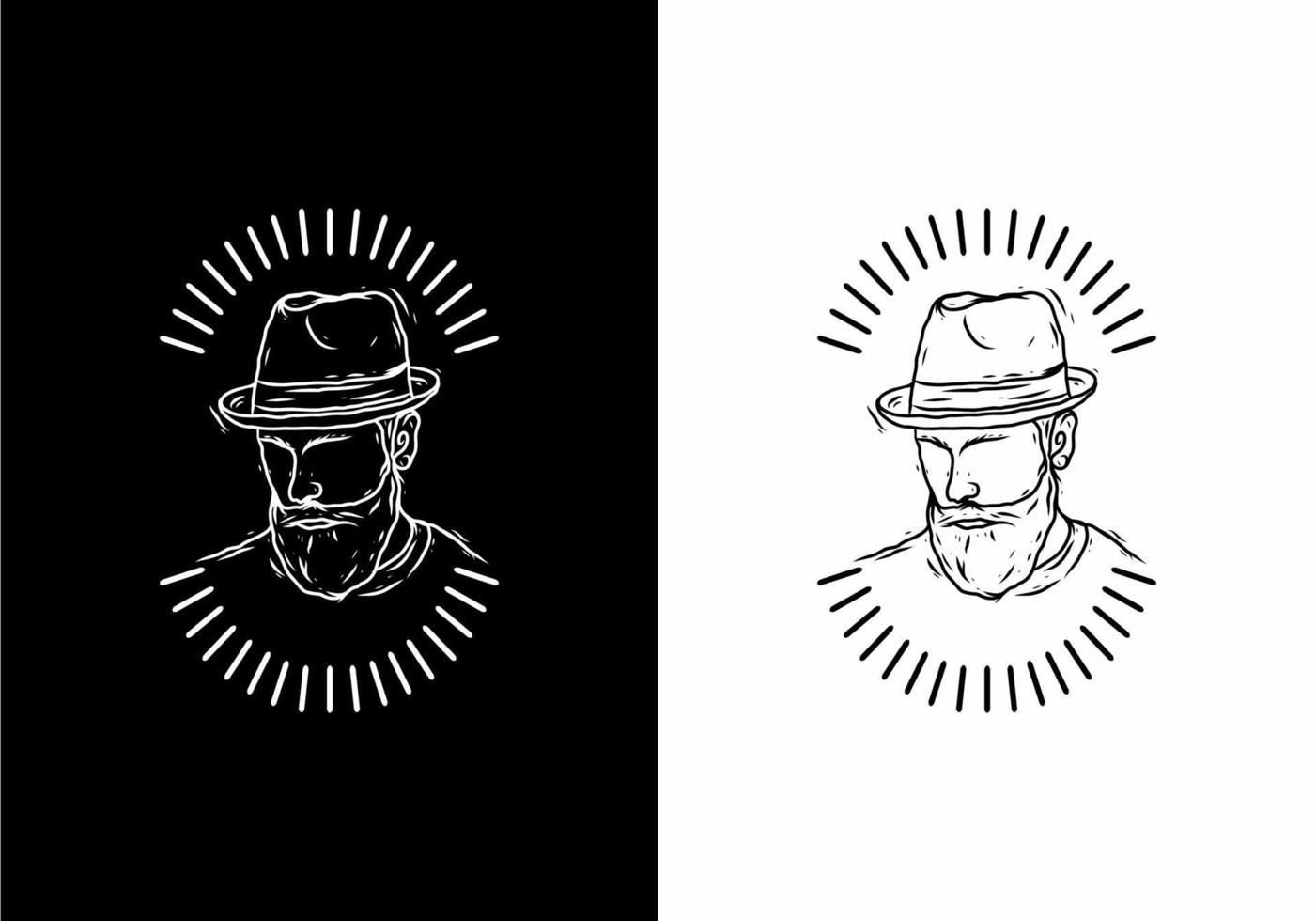 arte lineal en blanco y negro de un hombre con barba que lleva una insignia de sombrero vector