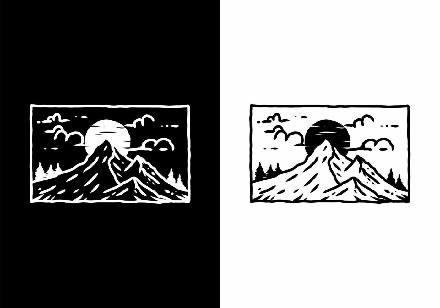 Black and white illustration drawing of mountain in rectangle shape vector