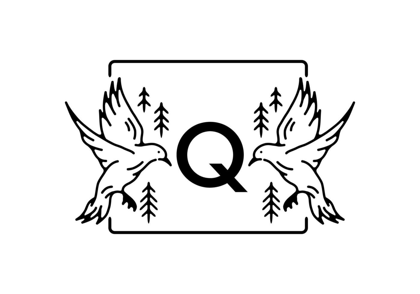 Black color of bird line art with Q initial letter vector