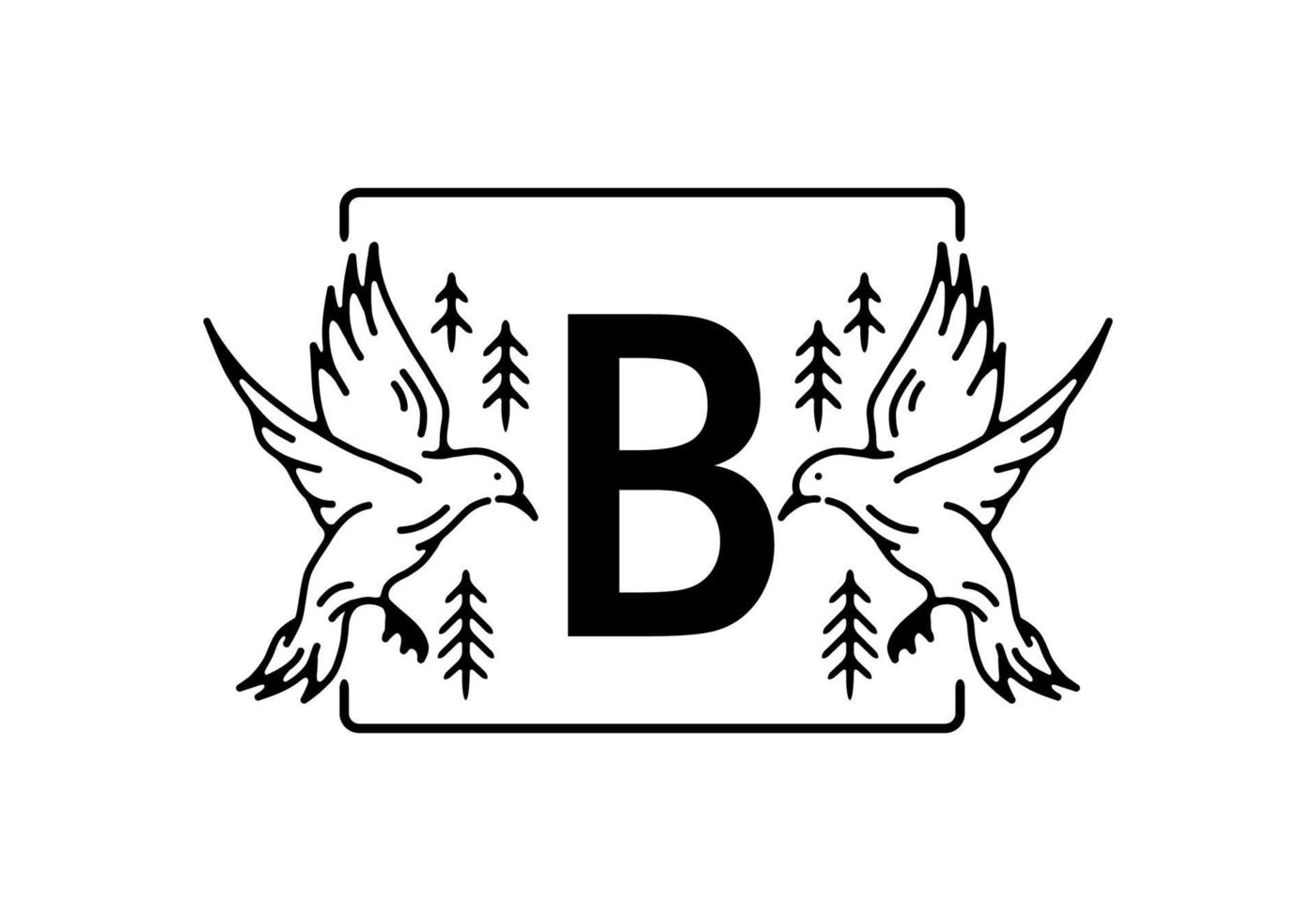 Black color of bird line art with B initial letter vector