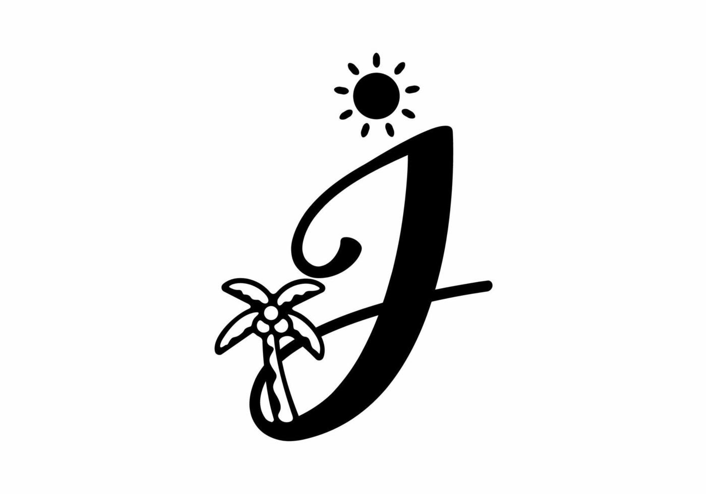 Black color of J initial letter with coconut tree and sun vector
