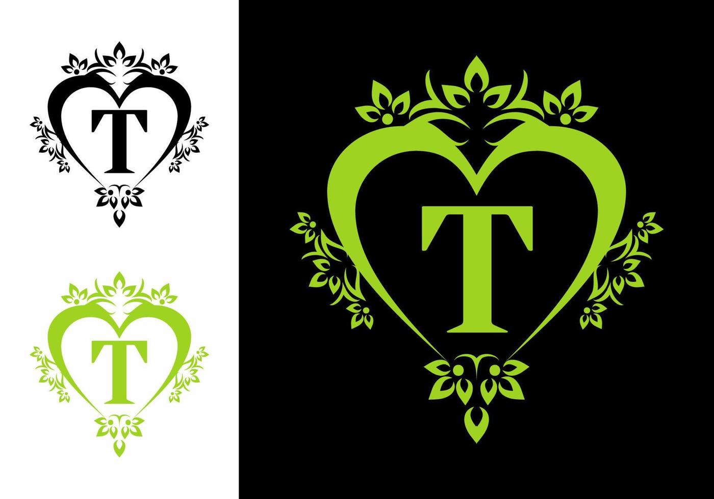 Black green of T initial letter in classic frame vector