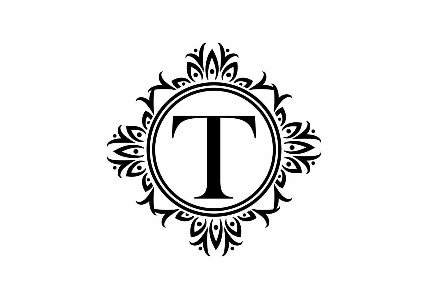 Black initial T letter in classic frame vector