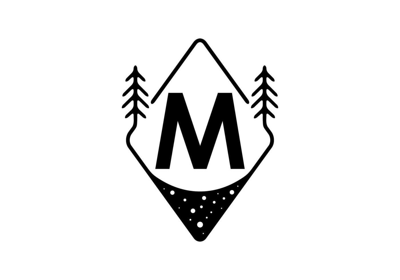 insignia de arte de línea negra con pinos y letra m vector