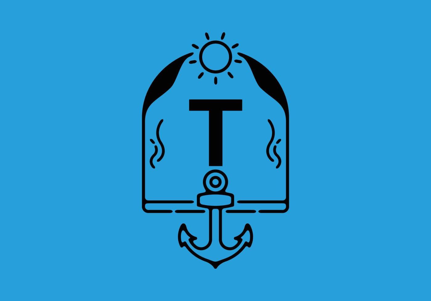 Black line art illustration of T initial letter in anchor frame vector