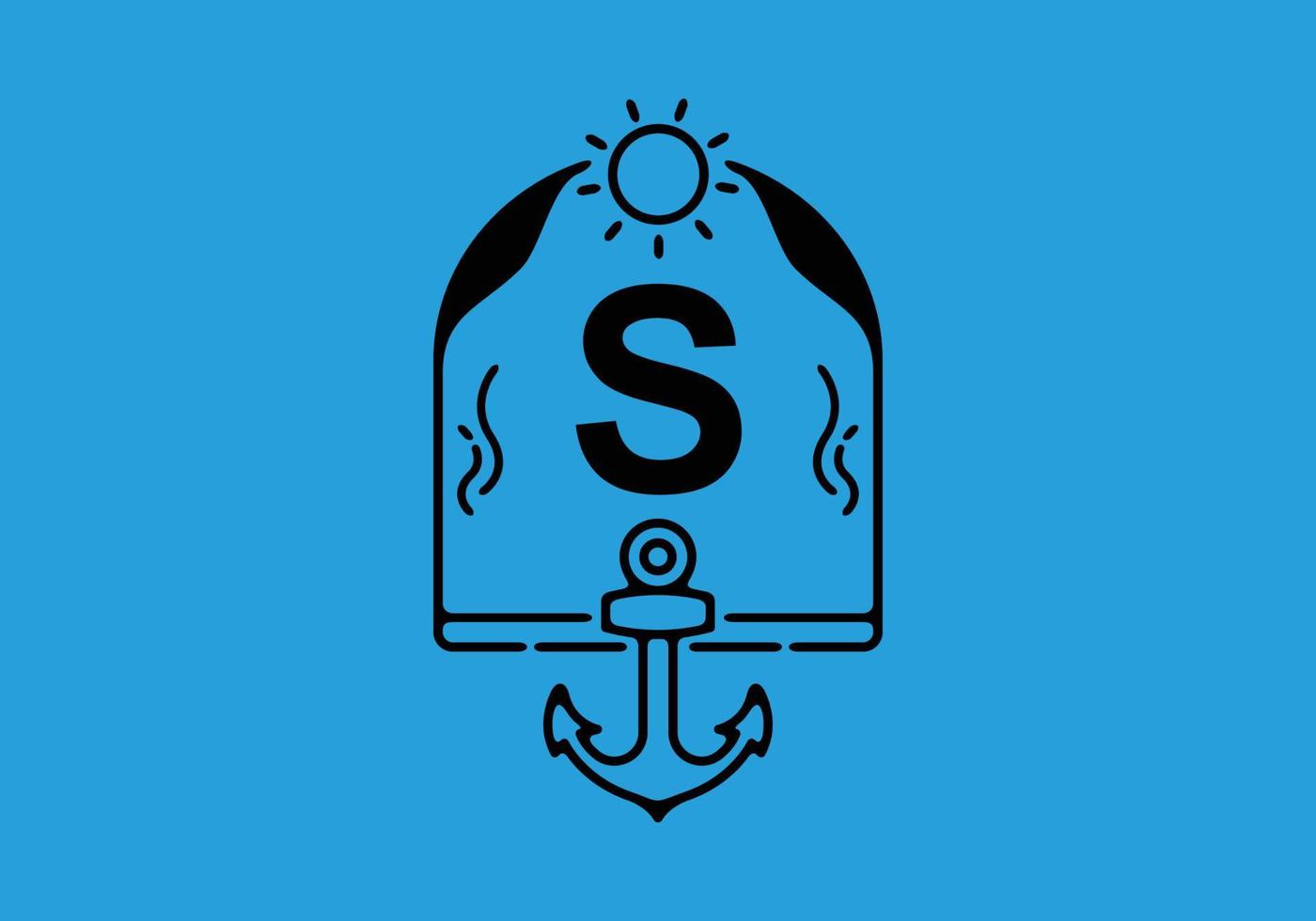 Black line art illustration of S initial letter in anchor frame vector