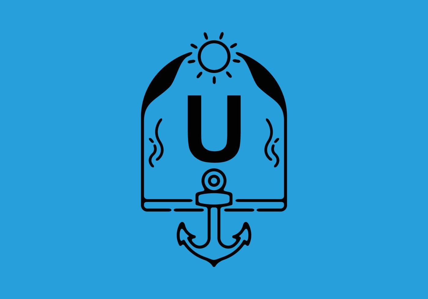 Black line art illustration of U initial letter in anchor frame vector