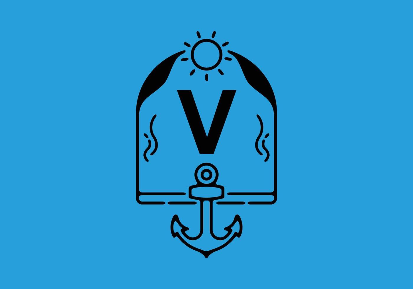 Black line art illustration of V initial letter in anchor frame vector