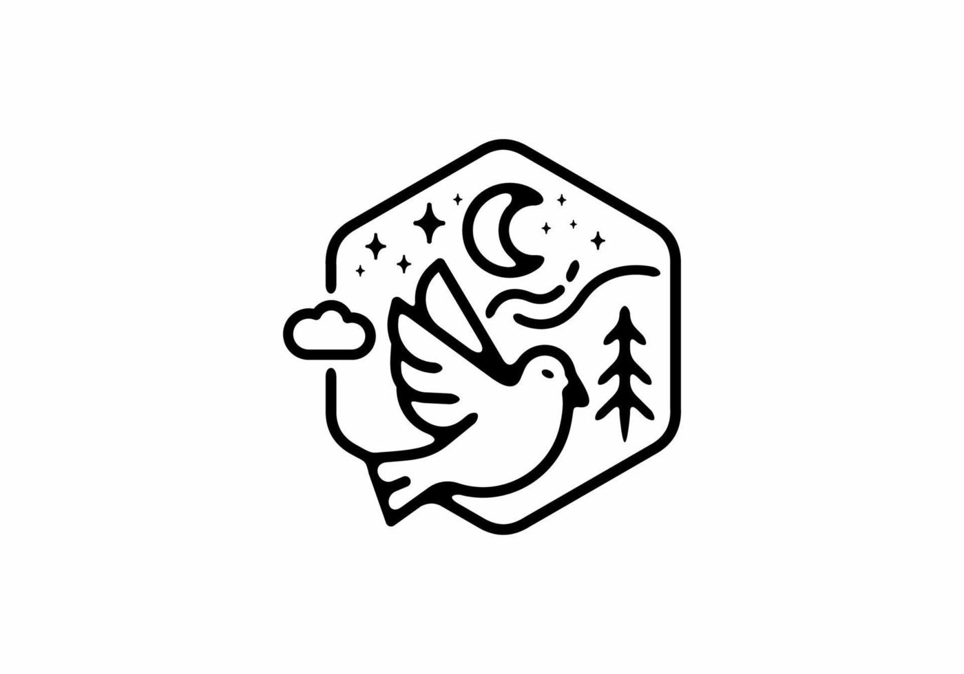 Black line art illustration of bird in hexagon shape vector