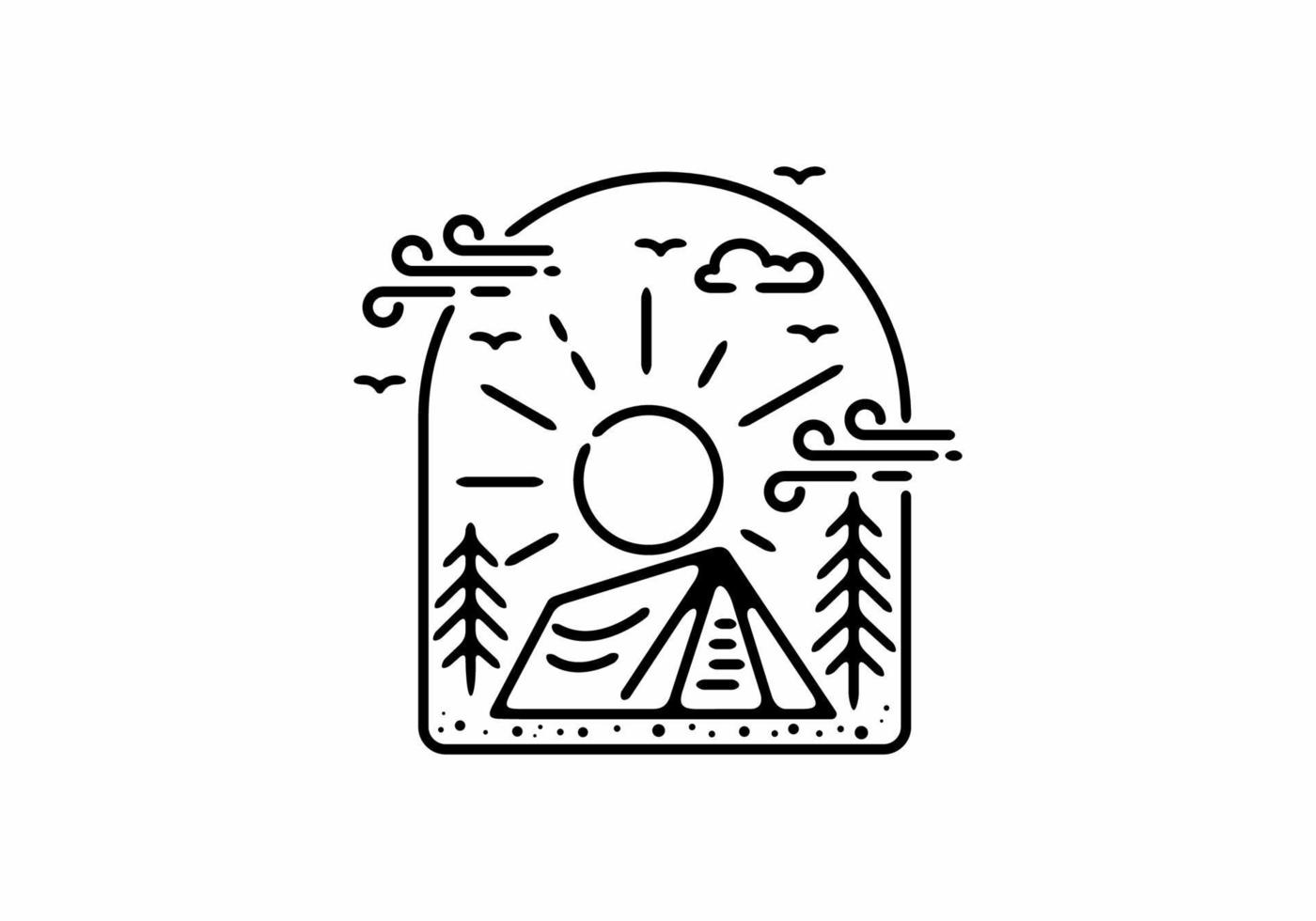 Black line art illustration of camping badge in window frame shape vector