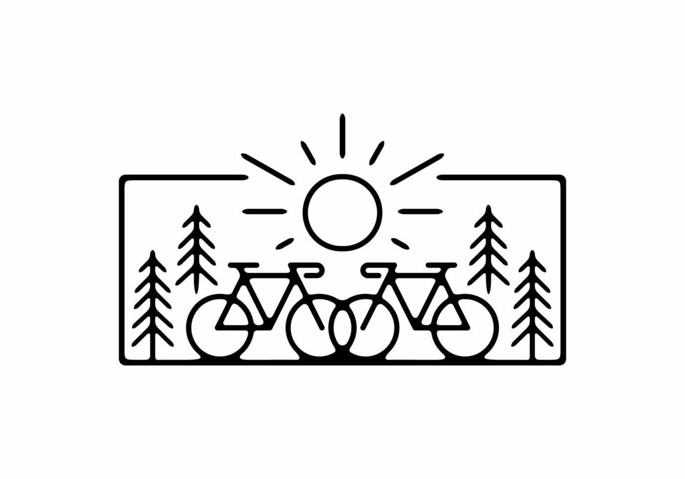 Black line art illustration of bicycle and pine trees vector