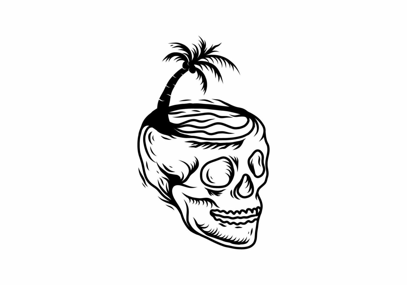Black line art drawing of skull head and coconut tree vector
