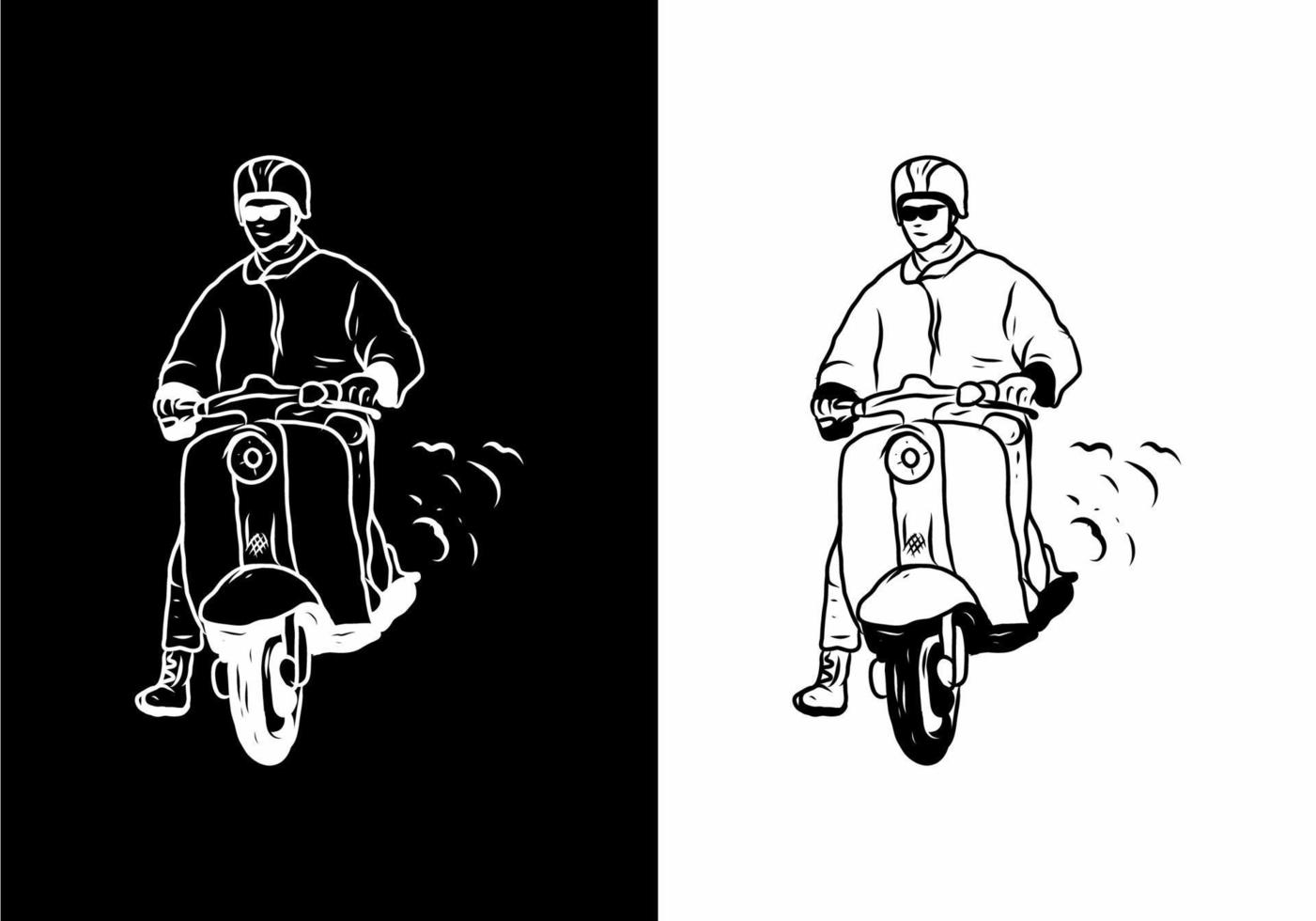 Black and white illustration drawing of man with scooter vector