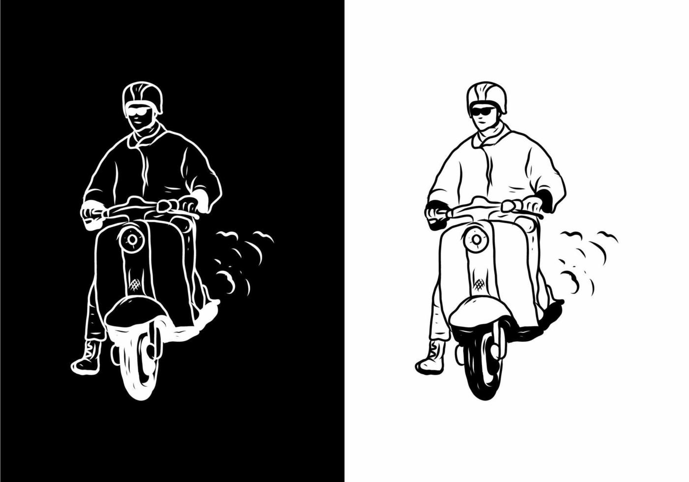 dibujo ilustrativo en blanco y negro de un hombre con scooter vector