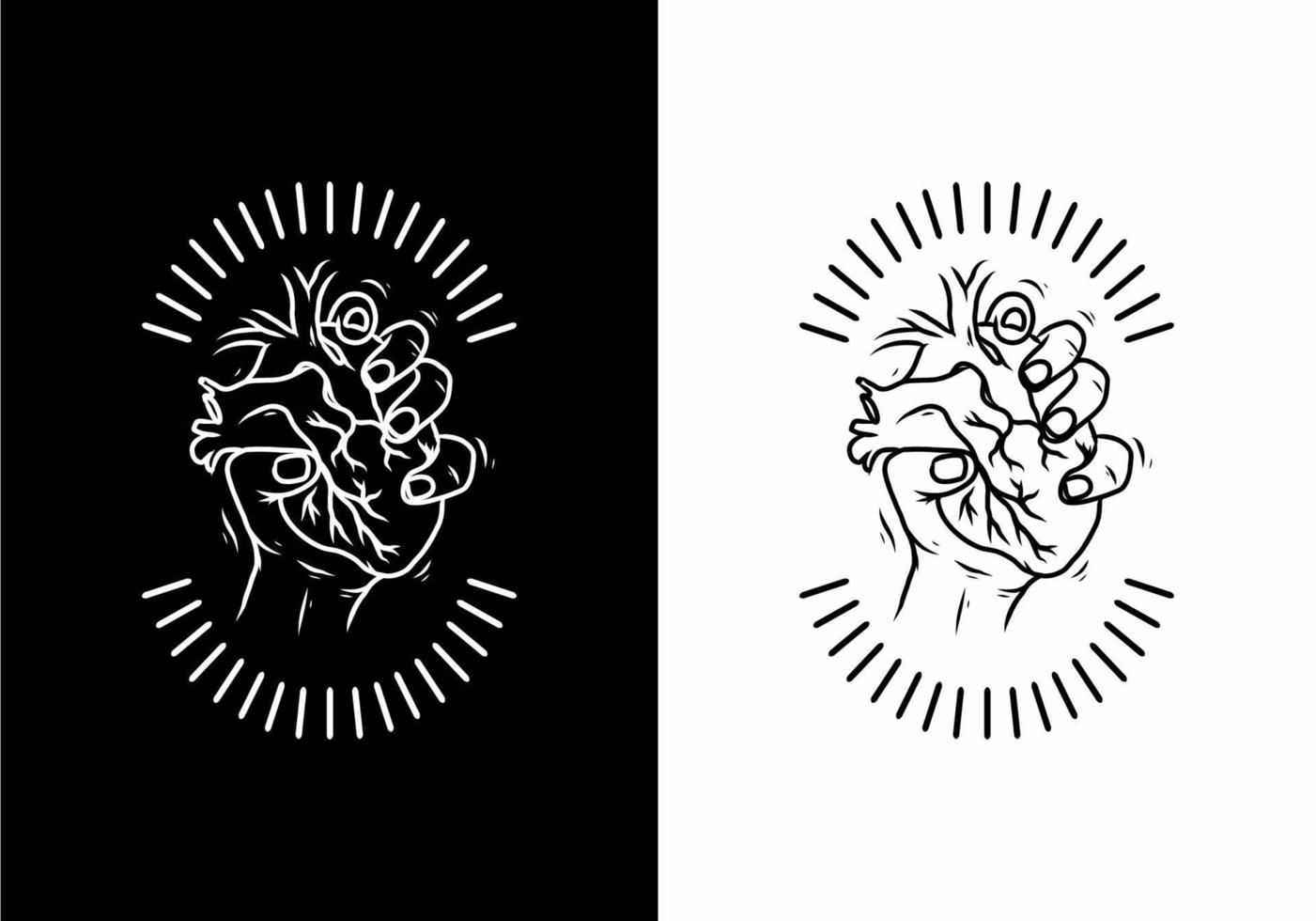 Black and white of hand holding heart badge vector