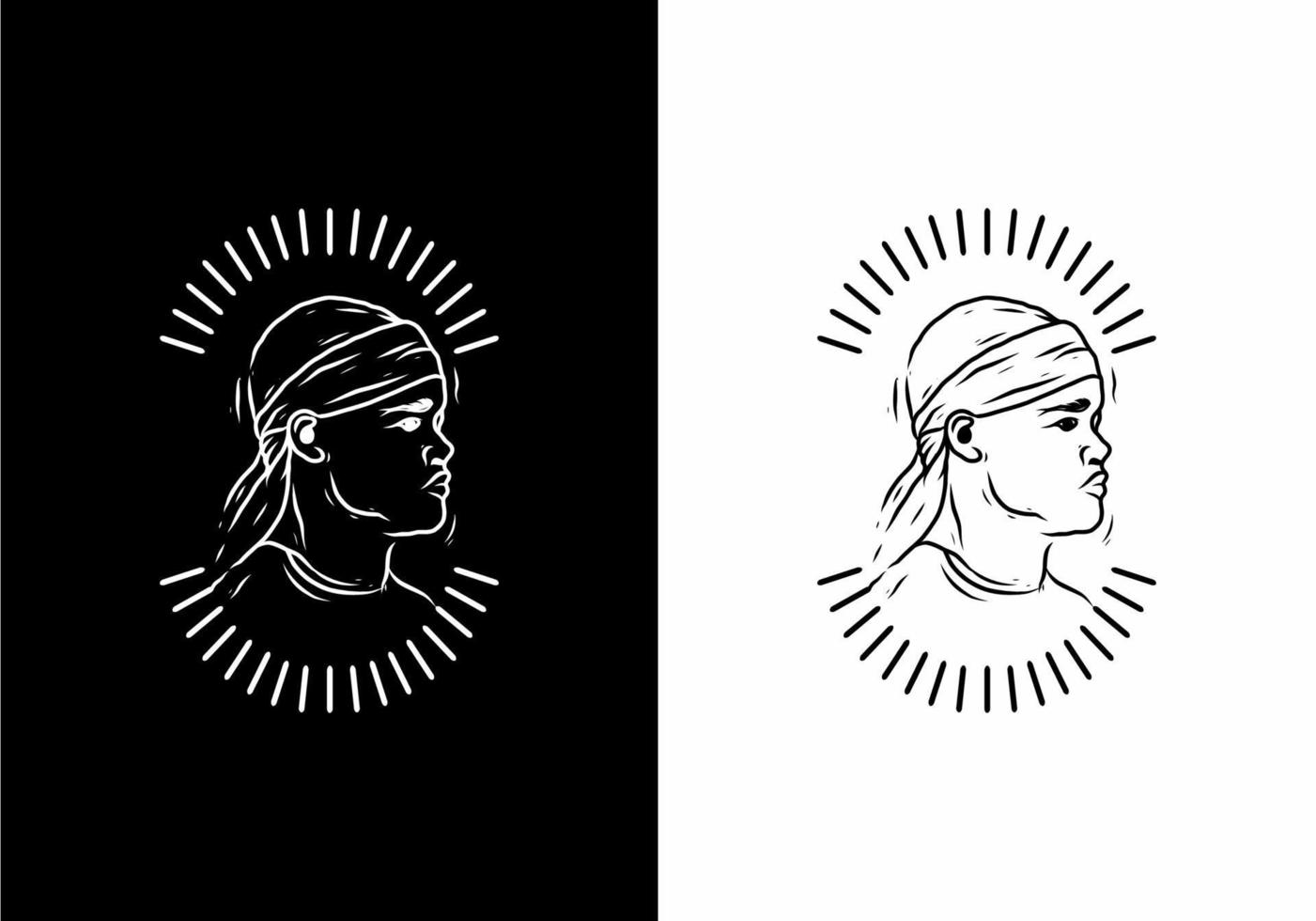 Black and white line art of man wearing durag badge vector