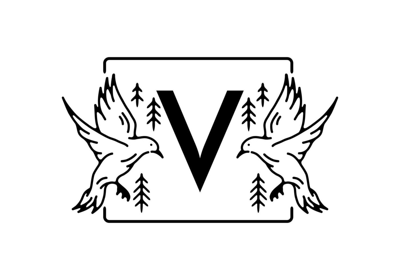 Black color of bird line art with V initial letter vector