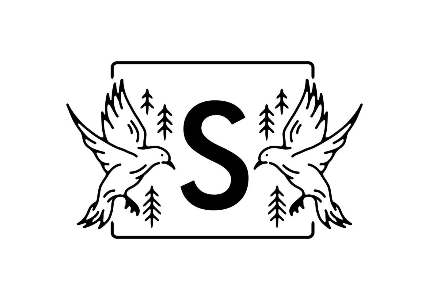 Black color of bird line art with S initial letter vector