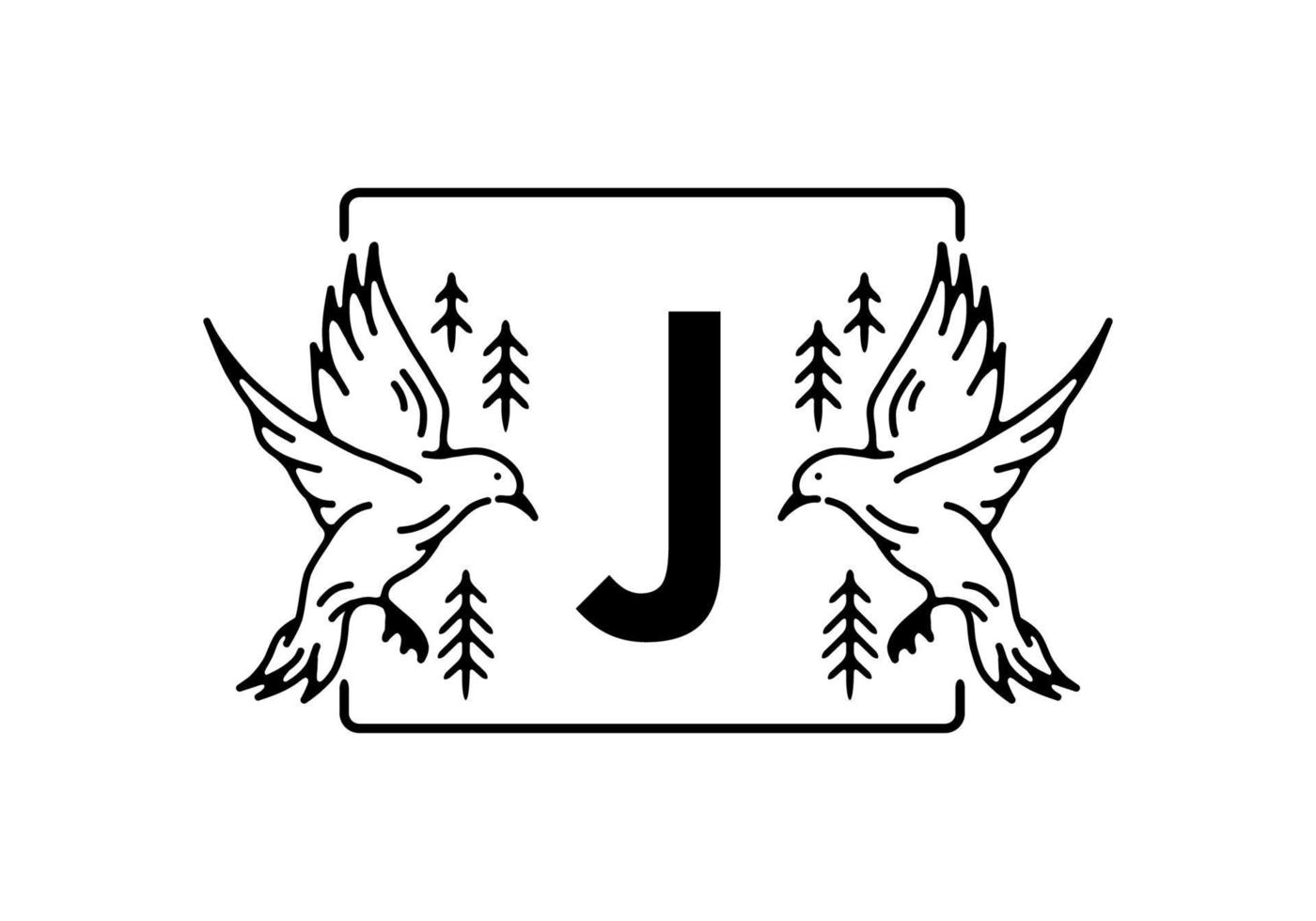 Black color of bird line art with J initial letter vector