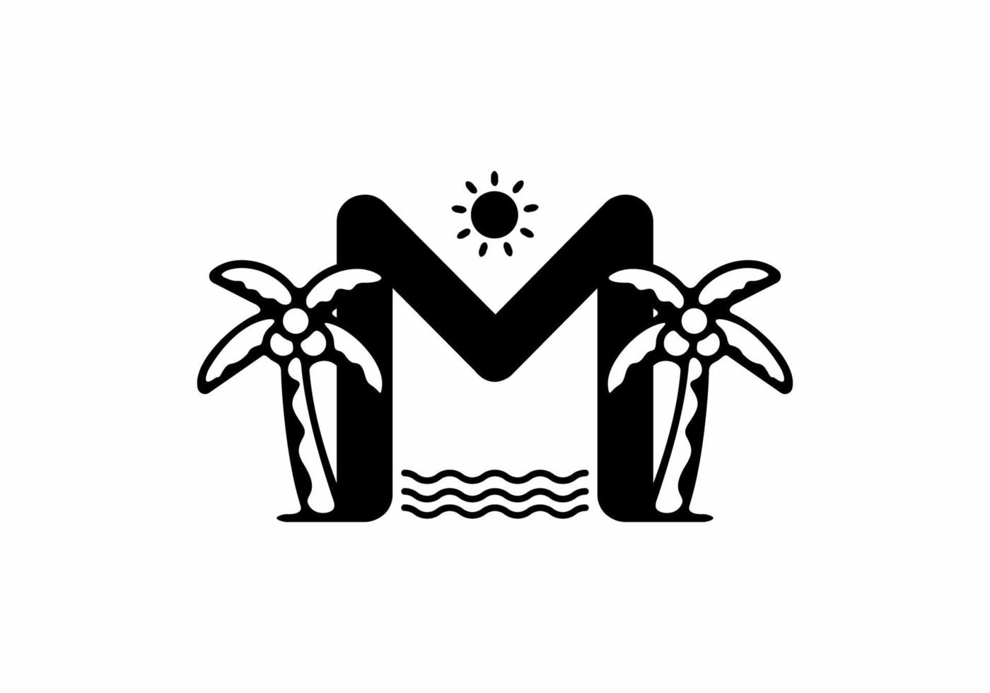 Black color of M initial letter with coconut tree and sun vector